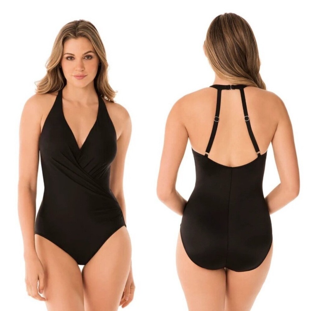 Miraclesuit Wrapsody One Piece Swimsuit  16 Black Shaping Surplice‎